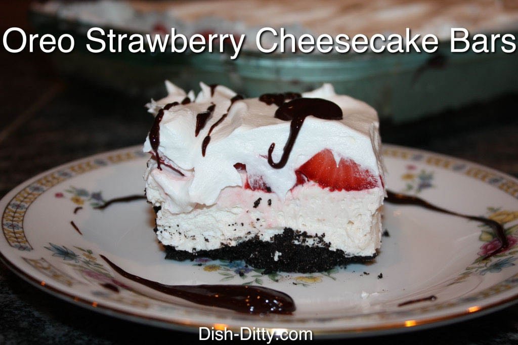 Oreo Strawberry Cheesecake Bars by Dish Ditty