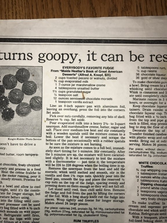 Newspaper Article with Fudge Recipe